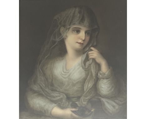 After Angelica Kauffman (Swiss 1741-1807): Portrait of a lady as Vestal Virgin, painted porcelain plaque unsigned 20cm x 17cm