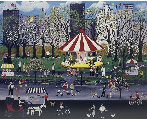 Jessica Wasilewski (American contemporary): 'Pugs in the Park', limited edition colour lithograph signed and numbered 286/400