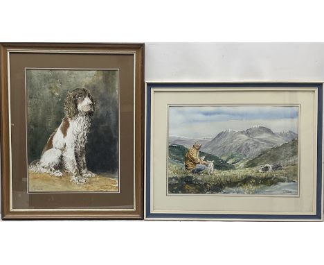 G F Overton (British 20th century): 'Portrait  a spaniel' and 'The Shepherd', two watercolour signed max 31cm x 46cm (2)