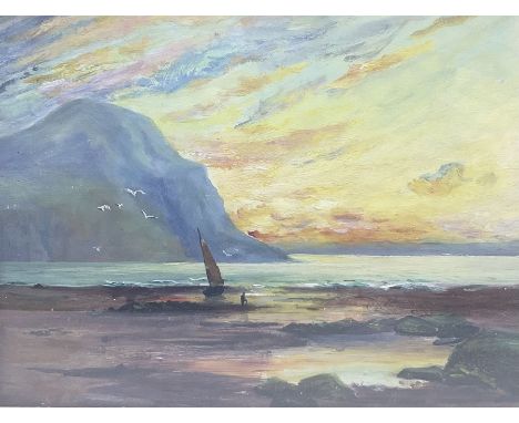 A R Skelton (British 19th/20th century): Low Tide at Sunset, oil on board signed 24cm x 28cm
