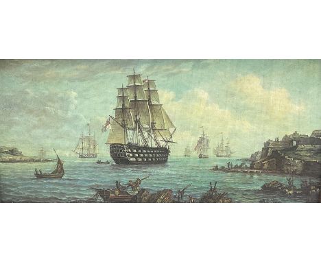 English School (19th/20th century): British Man o War off Rocky Shore, oleograph on canvas unsigned, in ornate gilt frame 19c