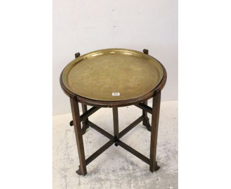 Vintage oak revertible circular table with Indian brass tray top 