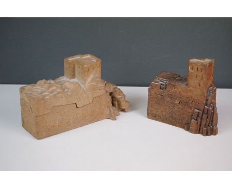 Two Bath pottery trinket boxes in the form of castles. 