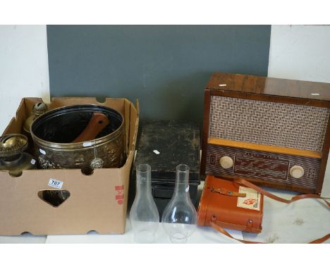 A group of mixed collectables to include brass coal bucket, oil lamp, deed box and a vintage radio. 