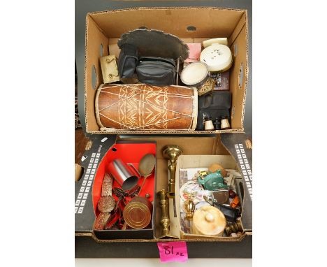 Two Boxes of Mixed items including metal coin belt and another, bongo drum, military morse code training unit, binoculars, ca