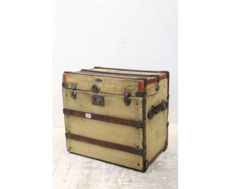 Late 19th / Early 20th century Campaign Wooden Bound and Canvas Trunk from York House (Junior Army &amp; Navy Store) 15 Regen