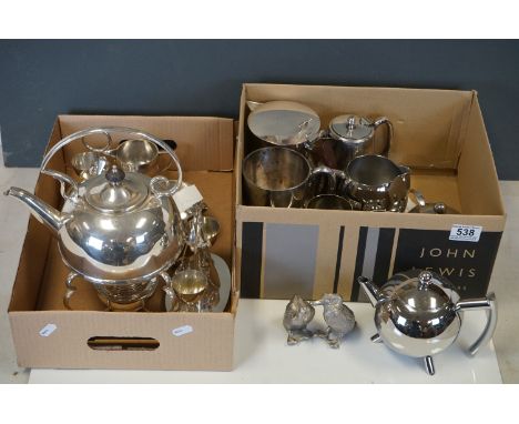 A collection of silver plate to include Coffee pot, water jug, spirit kettle, tea service and egg cups. 