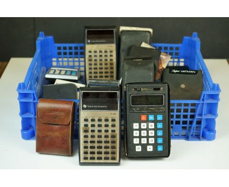 Collection of 18 hand held early calculators, to include Texas Instruments, Commander, Casio &amp; Decimo, many with instruct
