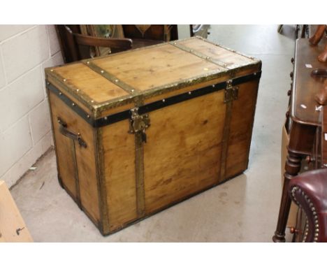 Large vintage pine trunk with brass strapping and locks by Joachim Larsen, Arendal, with leather label inside &amp; brass lab