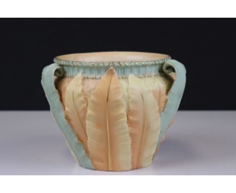 Royal Worcester Three Handled Blush Ware Bowl, with moulded basket weave and leaf decoration, shape no. 1947, puce marks to b