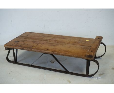 Early vintage industrial iron and pine sledge trolley 