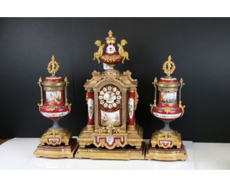 Vintage metal and Sevres porcelain mantle clock by Brunfaut, decorated with cherubs &amp; hand painted panels with matching g