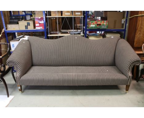 Large 19th century style Sofa with serpentine shaped back, sloping rolled arms, upholstered in grey / black stripped fabric, 