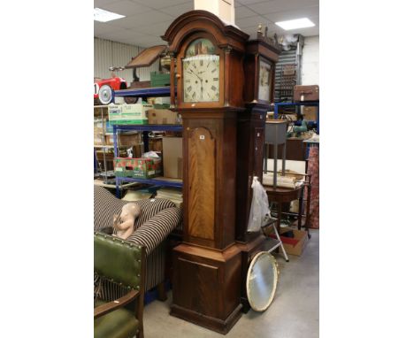 19th century Mahogany 8 day Longcase Clock, the arched dial painted with the scene of a Folly, the face with Roman numerals, 