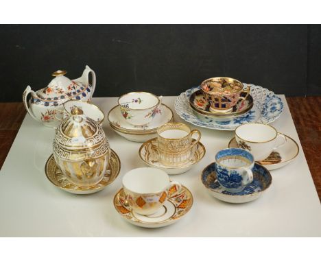 Collection of 19th century Ceramics including Spode shaped Lidded Sugar Bowl, another Lidded Sugar Bowl on Stand, Meissen Oni