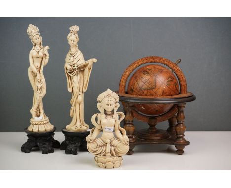 Three resin figures, to include two of women playing instruments &amp; one deity, together with an Olde World papier mache an