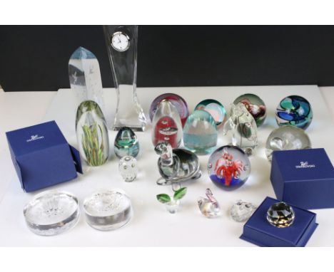 Collection of Glassware and Paerweights including Waterford ' John Rocha ' Glass Desk Clock, Stromshyttan Glass Obelisk, Boxe
