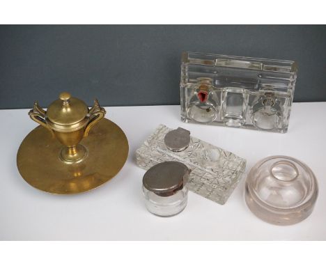 Inkwells - a Stanbrook brass standish, a glass double inkwell with silver top (Birmingham 1924) &amp; three others 