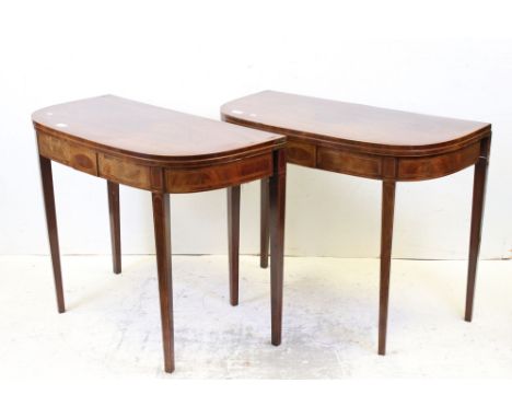 Pair of George III Mahogany Fold-over Card Tables, each of ' D ' form with satinwood string inlay, baize lined playing surfac