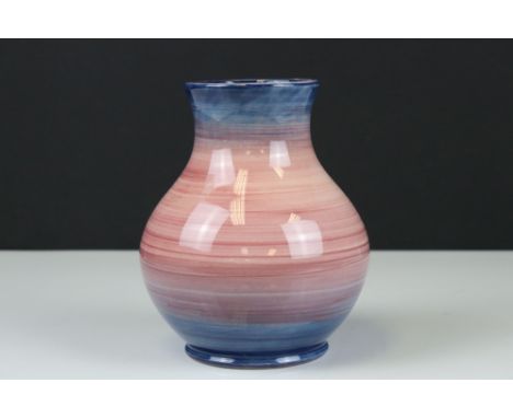 Moorcroft Vase decorated in graduating rings of pink and blue, green impressed marks to base and initialled JLW, J6 D13 C2, d