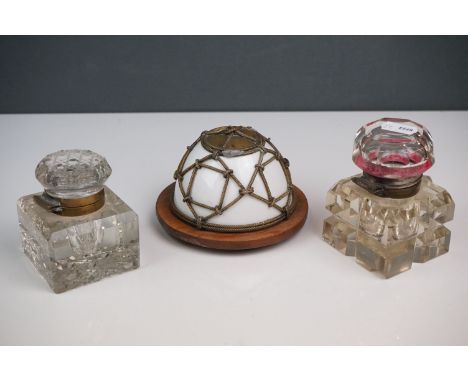 Unusual late 19th century French 'Lobster Pot' inkwell with ceramic body and gilt brass mounts (diameter approx. 11.5cm) &amp
