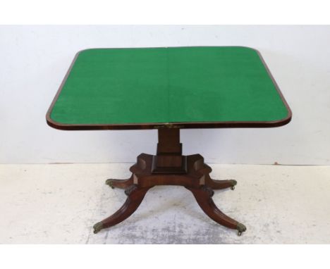 Regency Mahogany Fold-over Card Table with green baise playing surface, square form support, quadripartite base and reeded sa