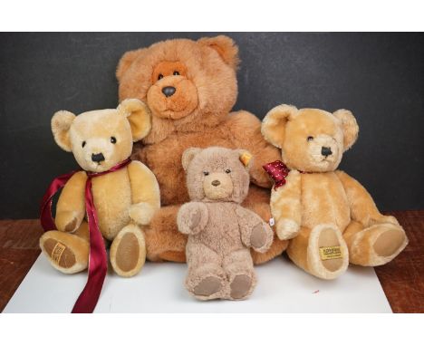 Steiff Teddy Bear, Two Merrythoughts Teddy Bears with Burgundy &amp; Gold Ribbons to neck plus one further Teddy Bear 