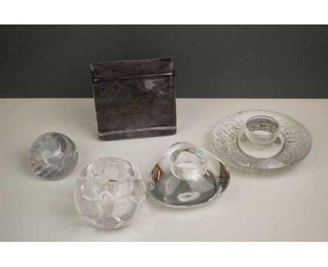 Three Orrefors Votive Candleholders including Discus Votive Lars Hellsten, Lightstone River Rock Votive by Lena Bergstrom and