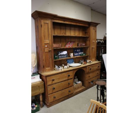 Large 18th / Early 19th century Pine Dresser, the upper section with three shelves flanked either side by cupboard doors open