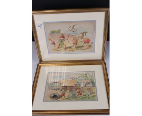 George E Hobbs, a pair of framed vintage children's illustration prints, Vegeman and the Brownies' 