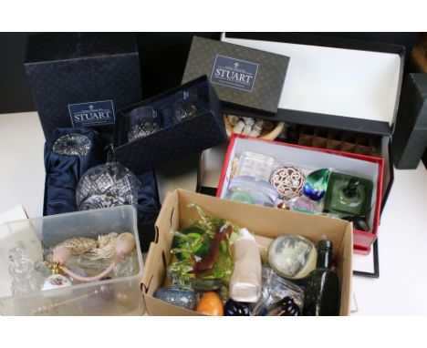 Glassware including Various Paperweights, Various Glass Scent Bowls, Two Boxed Stuart Crystal Items plus various Ceramic Thim