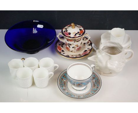 L &amp; F White Glazed Toby Jug of Margaret Thatcher together with Thomas Webb Blue Glass Bowl, Mason's Mandalay Chocolate Po