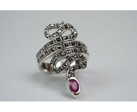 Silver dress ring in the form of a snake, set with marcasites and ruby 