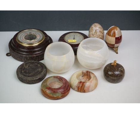 Collection of marble / stone eggs, Serpentine Thermometer etc 