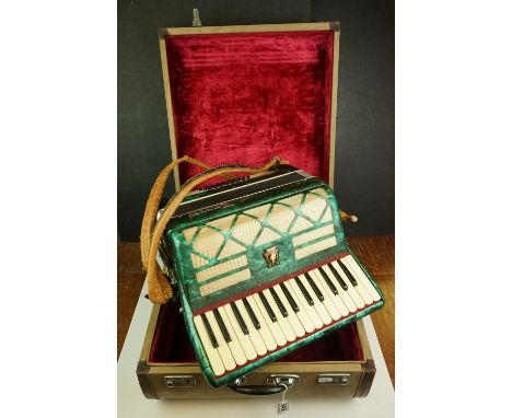 A vintage Parrot Accordion in green in original fitted case. 