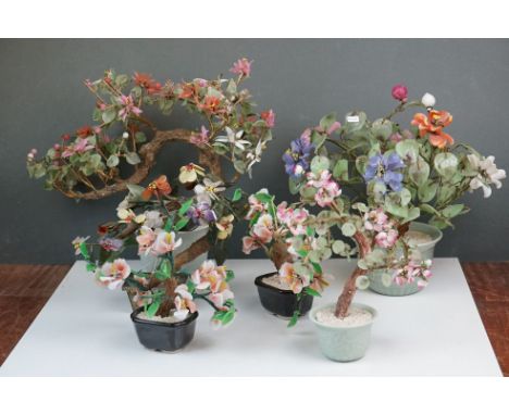 Six glass flower &amp; leaf bonsai trees in ceramic bonsai bowls 