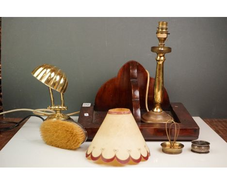 A wooden bracket shelf together with two vintage lamps, a silver napkin ring and a silver mounted brush. 