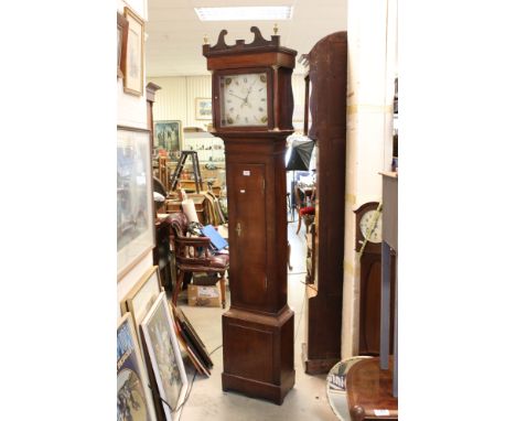 19th century Oak Longcase Clock, the painted face with Arabic and Roman Numerals, Date Aperture and marked ' Prew, Tewkesbury