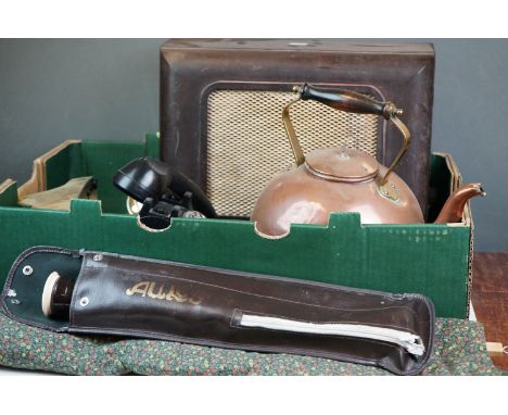 A box of mixed collectables to include telephones, a vintage teapot and a wall hanging. 