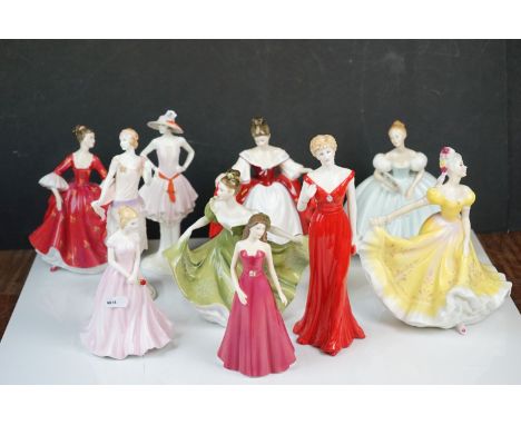 Six Royal Doulton Figurines including Aries, Stephanie, Sara, Lynne, Ninette and First Dance together with Four Royal Worcest