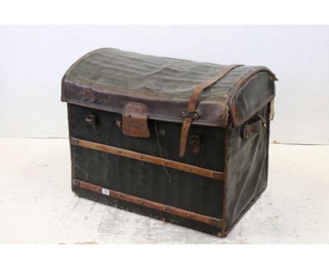 19th century Domed Top Wicker Leather Bound Travelling Trunk with Drop-in Tray, 82cms long x 66cms high 