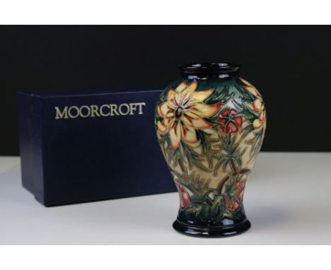 Moorcroft Vase of baluster form in the Spike pattern, blue printed marks to base and signed Beverley Wilkes, 16cms high, boxe