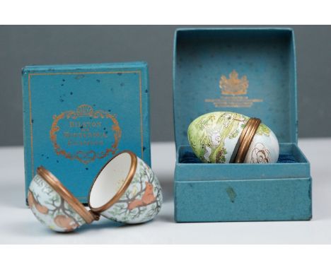 Two Halcyon Days Bilston and Battersea Enamels Easter egg trinket pots, Easter 1974 and 1975, original boxes (2) 