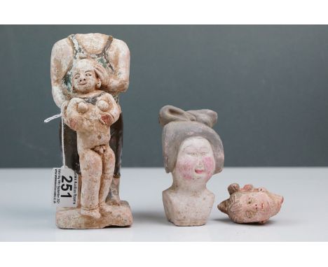 Chinese pottery model of a female head together with a Chinese pottery man with child (head detached and child missing hands)