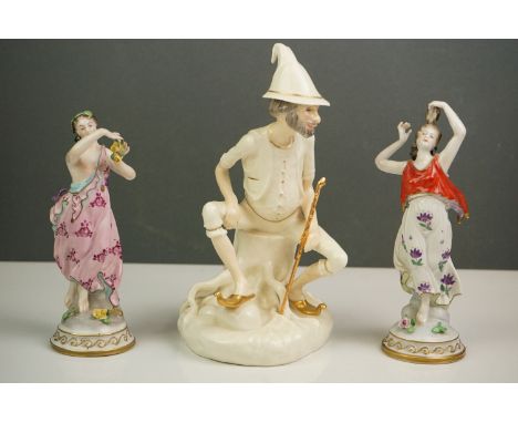 Two early 20th century continental ceramic figures, together with a Royal Doulton Rumpelstiltskin figure (3) 