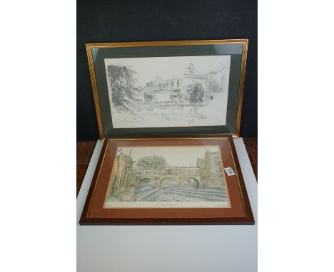 A framed and glazed print of Pulteney weir and bridge in bath together with a framed sketch of Batheaston.