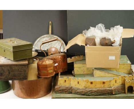 A group of mixed collectables to include a copper pan and kettle, a wooden surveyors tripod and ceramic hot water bottle.