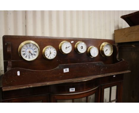 Mahogany Shelf holding Six Circular Brass Instruments including Clock, Three Tidal Indicators, Barometer and Thermometer / Hy