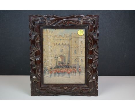Vintage oil on board of Coldstream Guards outside Henry VIII gateway, signed Victor M Gordon 