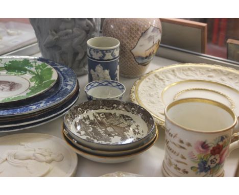 Mixed pottery, English 19th Century to include a Bacchus jug, Parian ware, plaque spill vase, pair of blue and white Rogers p